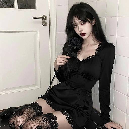 Gothic Woman in Black Dress Holding Black Rose Sitting on Floor