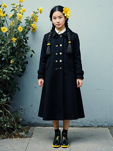 Young Woman Wearing Black Double-Breasted Coat with Yellow Flower Accents