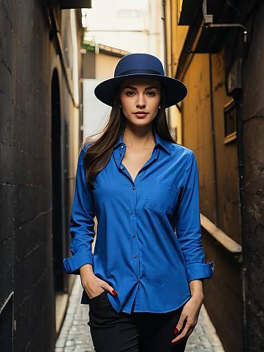 Confident Woman in Blue Workwear Shirt and Hat Standing in Urban Alley