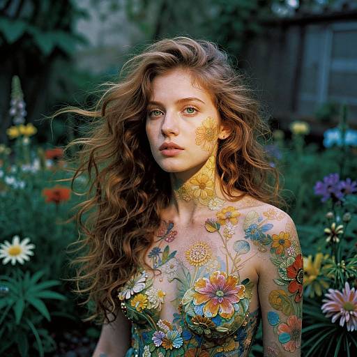 Woman with Intricate Floral Body Paint in Garden Setting