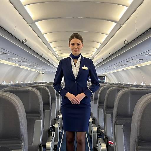 Professional Female Flight Attendant in Modern Airplane Cabin