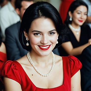 Elegant Woman in Red Birthday Dress with Pearl Jewelry
