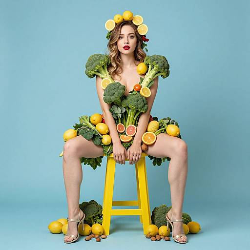 Creative Woman Fashion Model Dressed in Fruits and Vegetables on Yellow Stool