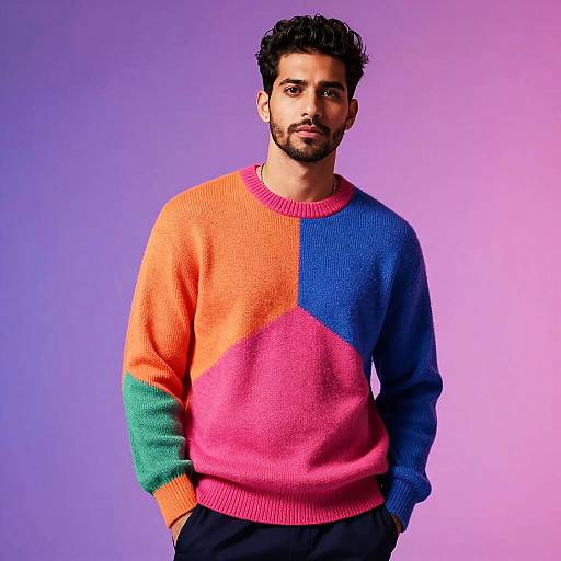 Man Wearing Color-Block Sweater in Vibrant Colors on Gradient Background