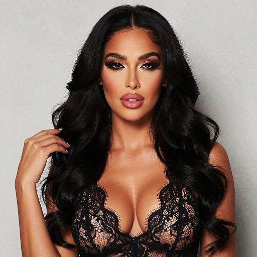 Glamorous Woman with Black Lace Top and Bold Makeup Style