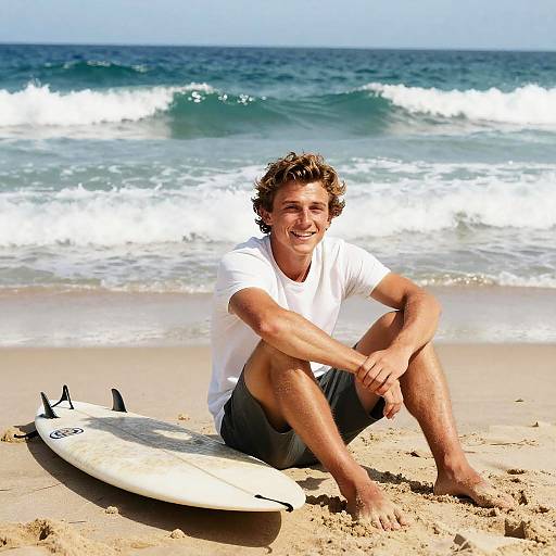 Young Man Relaxing on Beach with Surfboard and Ocean Waves