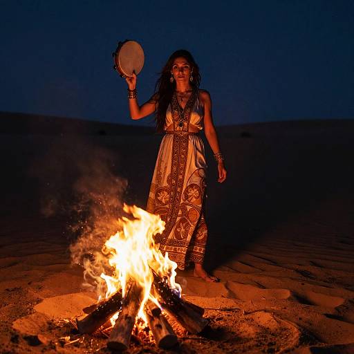 Woman in Bohemian Dress with Tambourine by Campfire in Desert Night