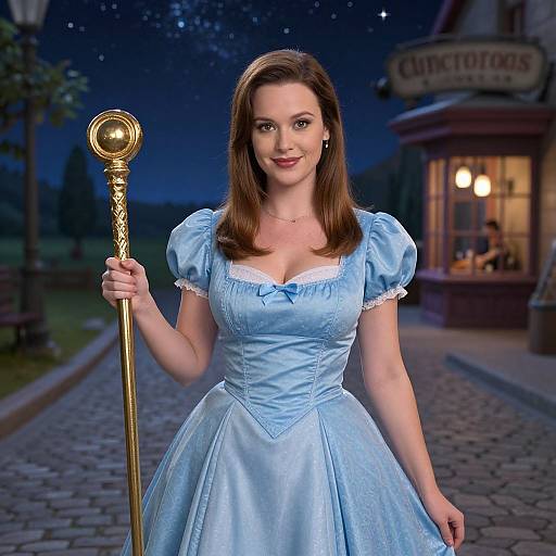 Woman in Blue Princess Gown Holding Golden Staff on Cobblestone Path at Night