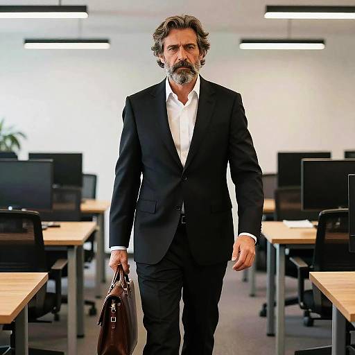 Middle-Aged Businessman Walking in Modern Office with Briefcase