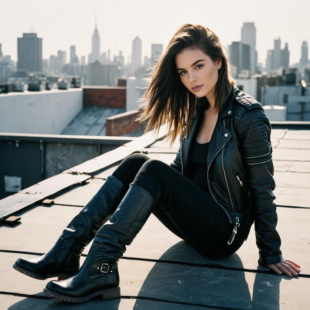 Young Woman in Black Leather Jacket Sitting on Rooftop with City Skyline