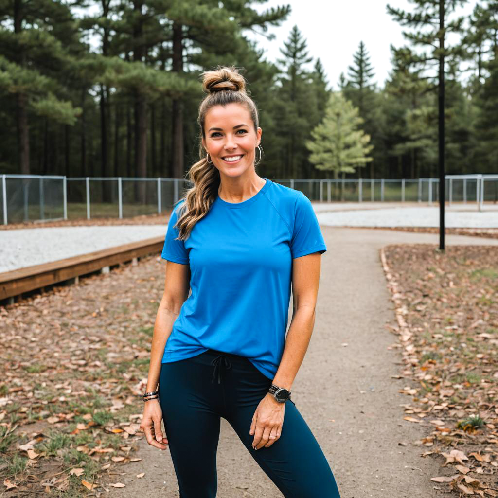 Smiling woman in blue athletic shirt on nature path