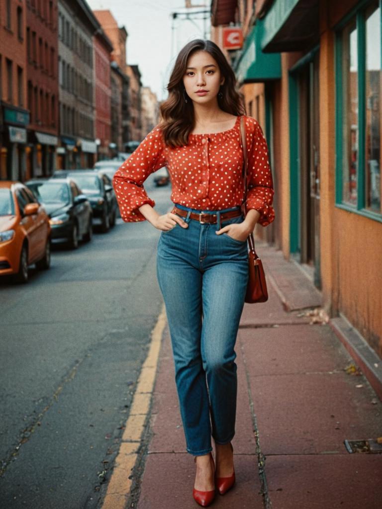 Confident Woman in Retro Style on City Street