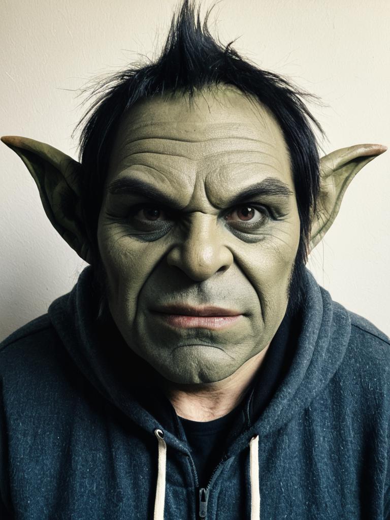 Man Wearing Detailed Troll Costume Face Mask With Hoodie