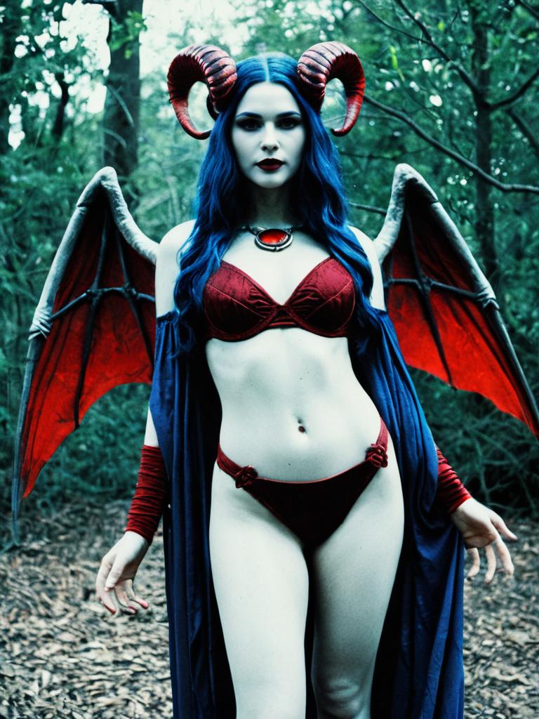 Lilith Goddess Costume Woman in Red Horns and Wings in Forest