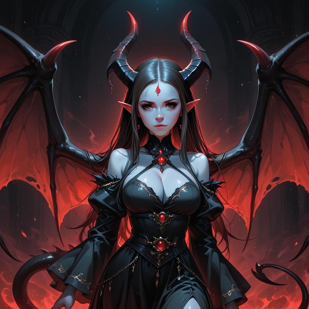 Dark Illustrious Woman with Demonic Horns and Wings Digital Artwork
