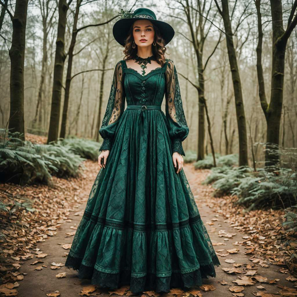 Victorian Style Woman in Dark Green Dress Standing in Forest Path