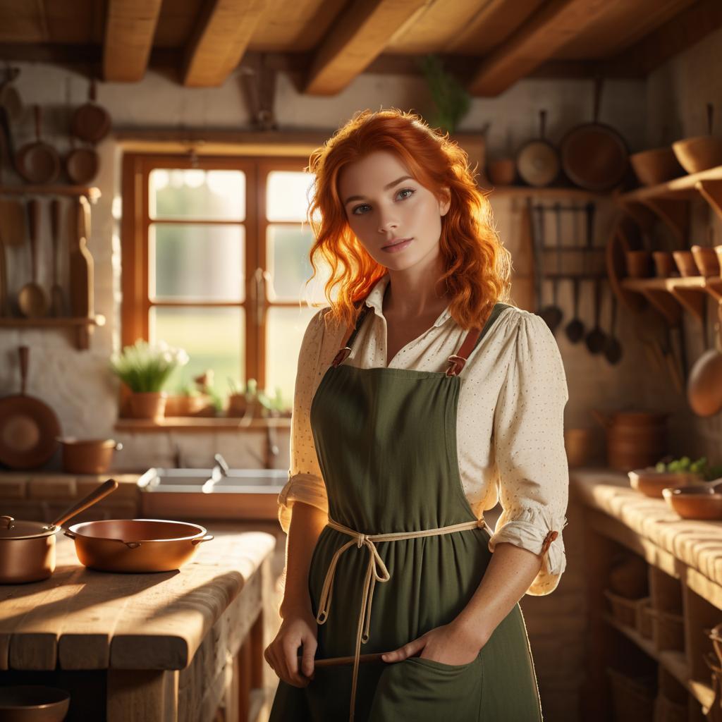 Woman in Rustic Kitchen with Red Hair