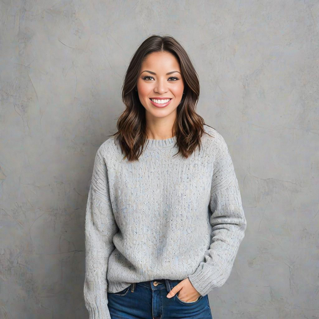 Cheerful woman in cozy gray sweater Cheerful woman in cozy gray sweater