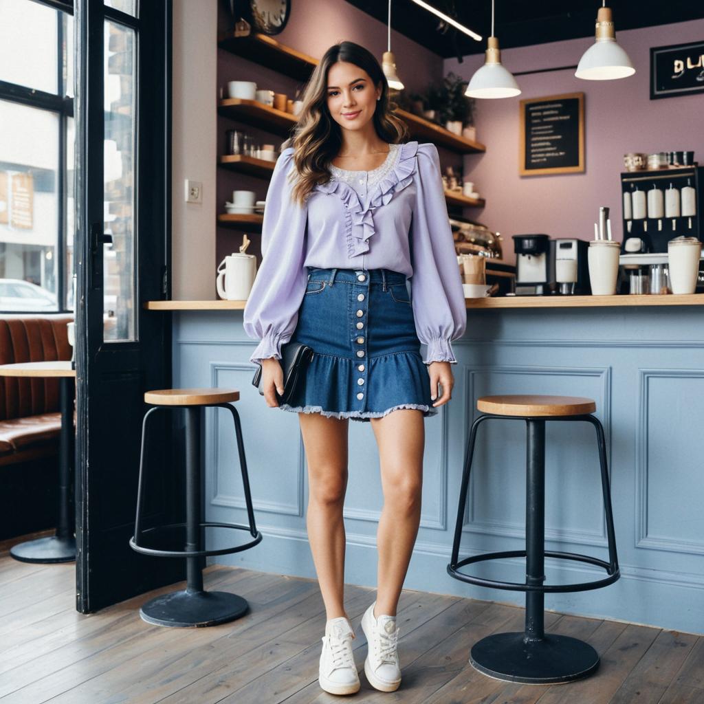 Young Woman in Lavender Blouse and Denim Skirt in Modern Café