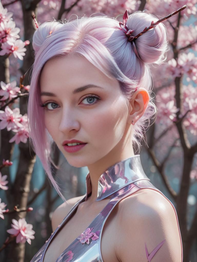 Young Woman with Silvery-Pink Hair and Orchid-Purple Eyes