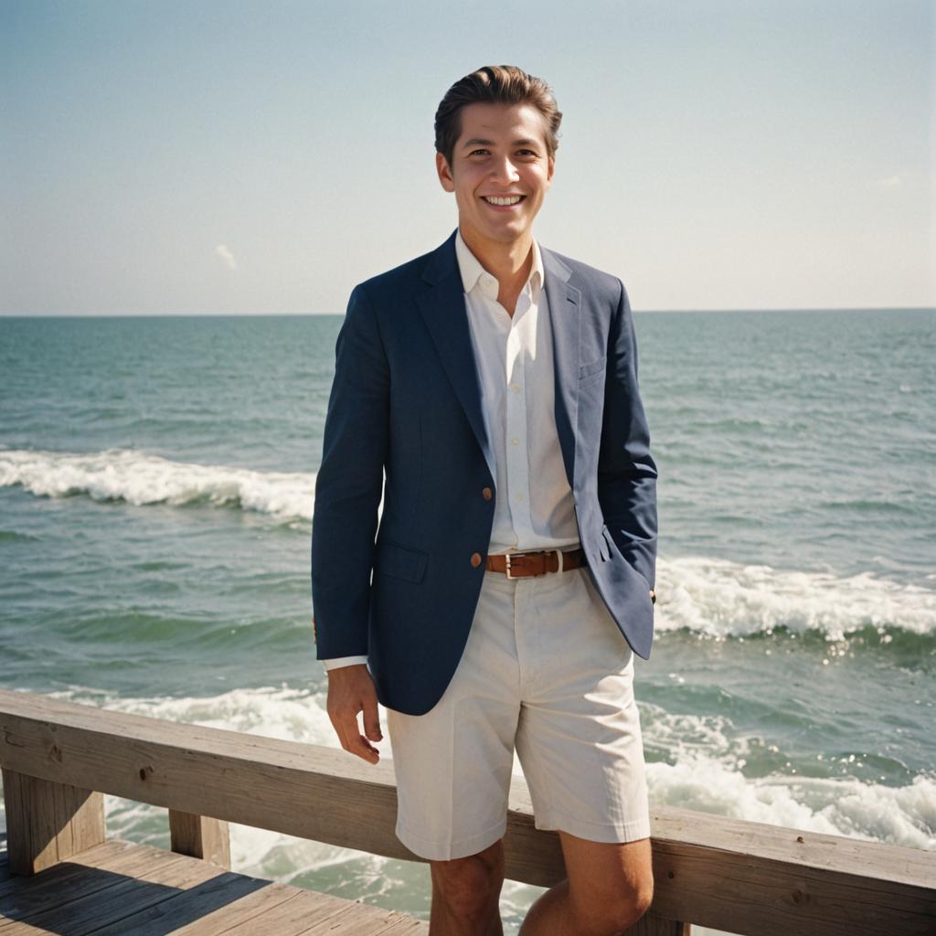 Stylish young man by waterfront in blazer and shorts