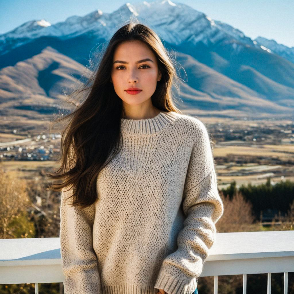 Young Woman in Cozy Sweater on Mountain Balcony