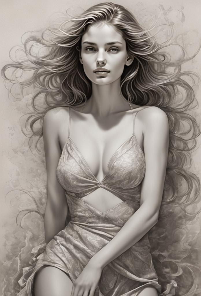Elegant Woman Digital Portrait with Flowing Hair and Intricate Dress