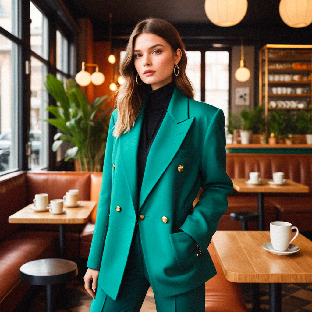 Confident Woman in Emerald Green Suit at Chic Café