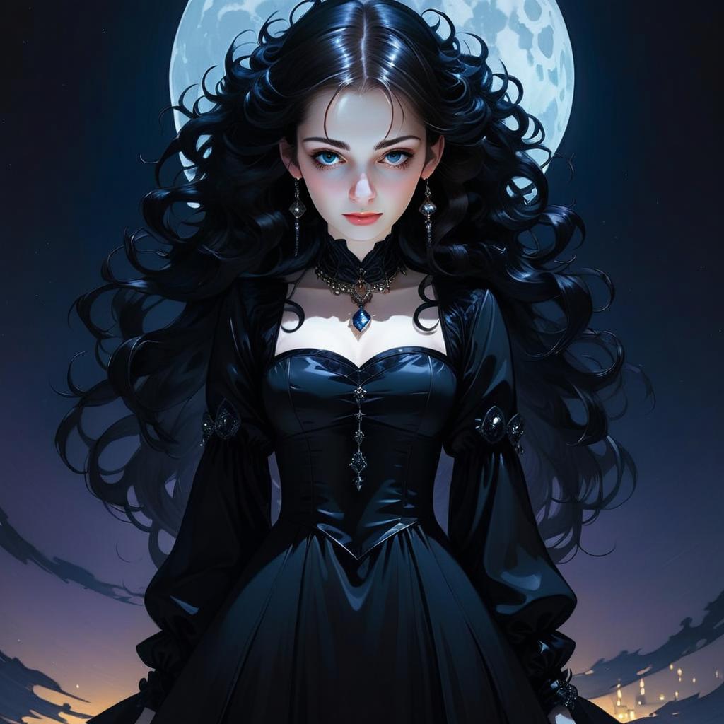 Gothic Woman with Long Black Hair and Full Moon Digital Illustration
