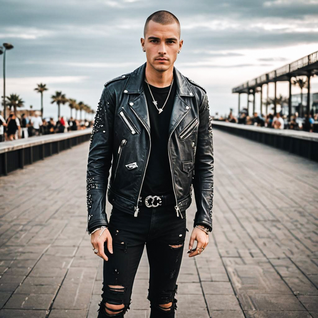 Stylish young man in leather jacket on promenade