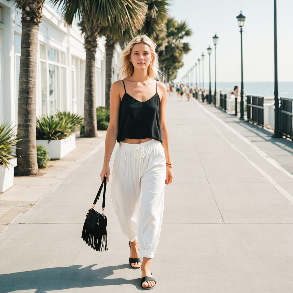 Stylish Woman Strolling on Sunlit Promenade