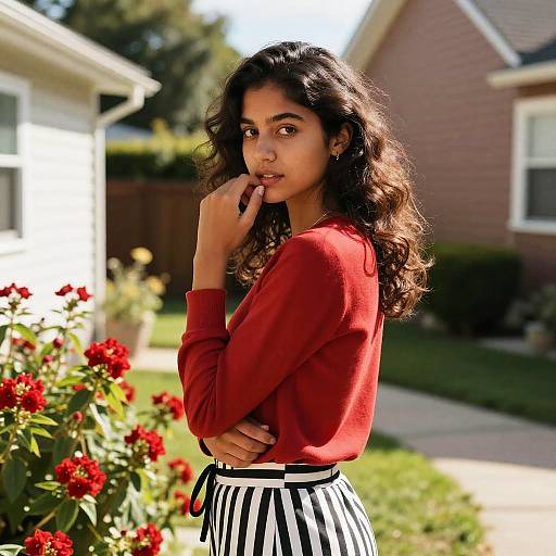 Young Woman in Red Sweater Posing Outdoors with Flowers