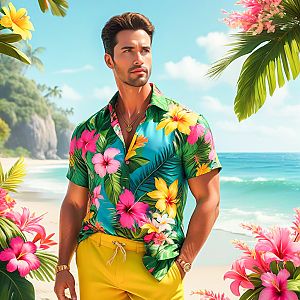 Confident Man on Tropical Beach in Hawaiian Shirt