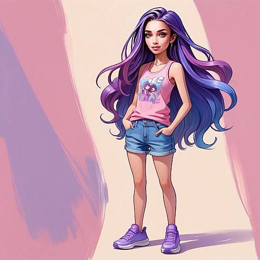Stylish Young Woman with Purple-Blue Hair in Casual Summer Outfit Illustration