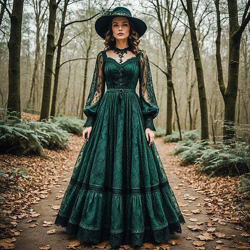 Victorian Style Woman in Dark Green Dress Standing in Forest Path