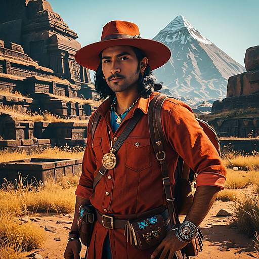 Adventurous Man in Orange Outfit Exploring Ancient Ruins by Snowy Mountain