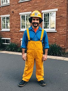 Man Wearing Bob Builder Costume with Yellow Overalls and Hard Hat
