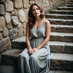 Young Woman in Grey Dress on Rustic Steps
