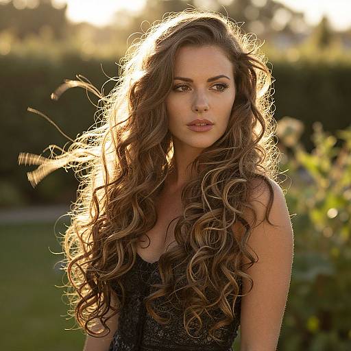 Young Woman with Long Curly Hair in Golden Hour Outdoor Portrait