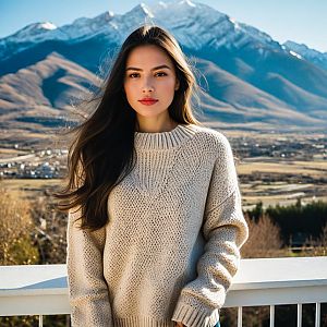 Young Woman in Cozy Sweater on Mountain Balcony