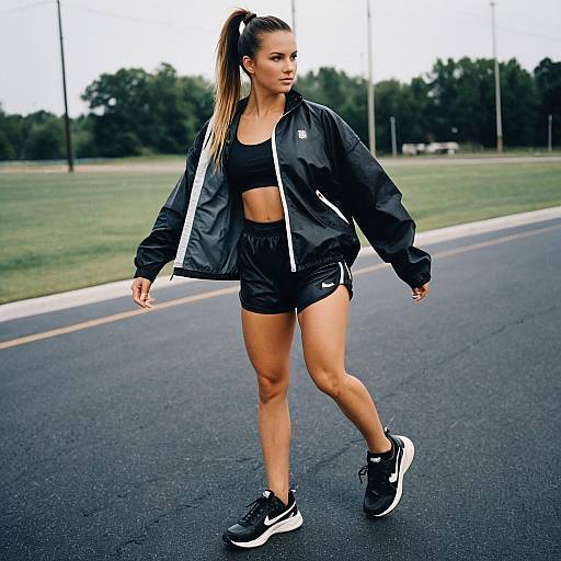 Young Woman in Stylish Black Athletic Wear Walking Outdoors