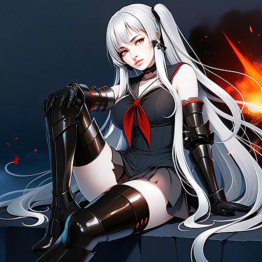 Anime Woman with White Hair and Black Armor Sitting in Dramatic Lighting