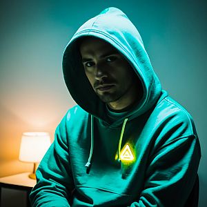 Man in Teal Hoodie with Dramatic Lighting