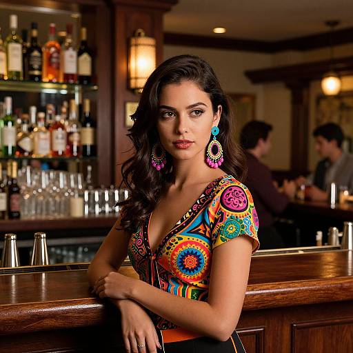 Stylish Woman in Colorful Geometric Patterned Dress at Bar