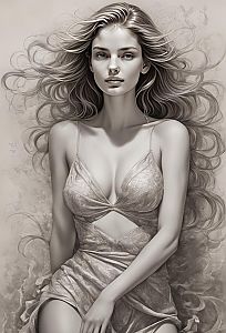 Elegant Woman Digital Portrait with Flowing Hair and Intricate Dress