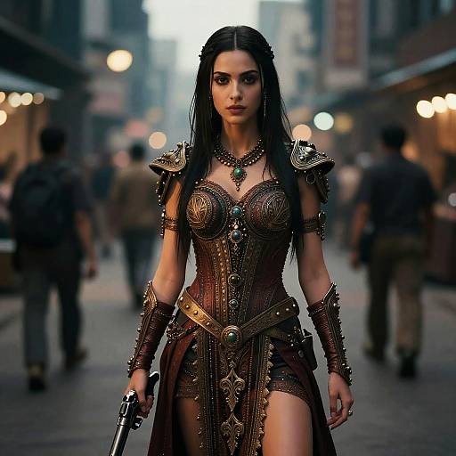 Woman in Steampunk Armor Outfit Holding Vintage Gun in Urban Setting