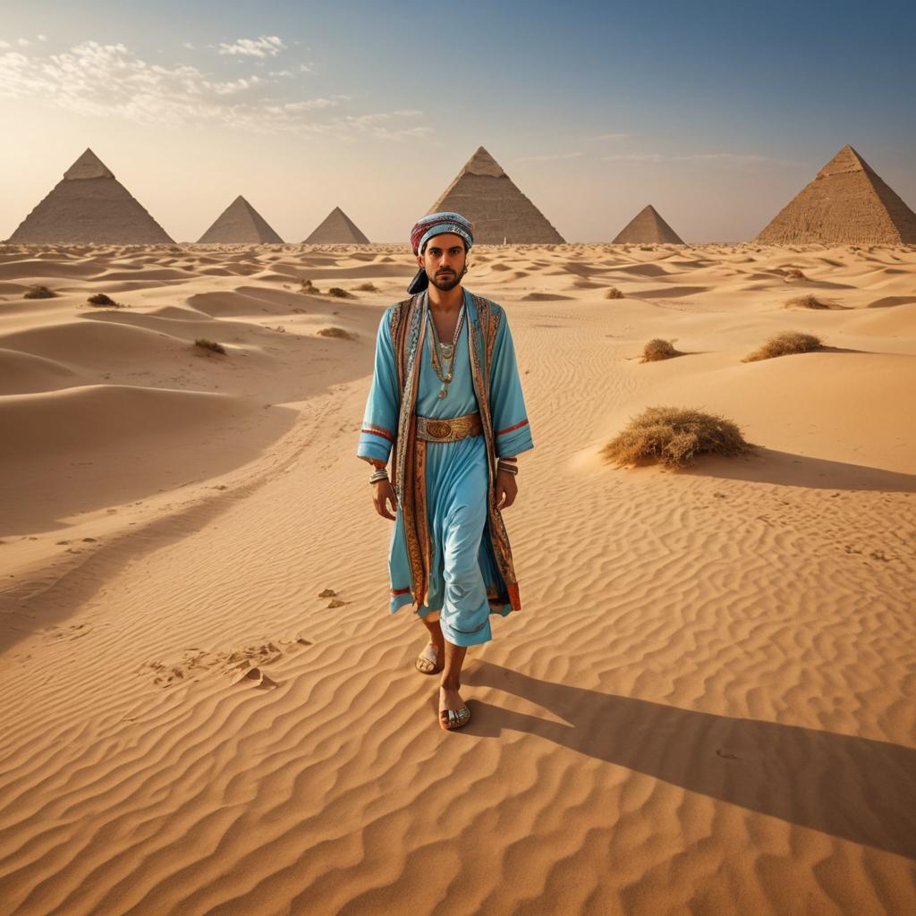 Man in Traditional Attire with Pyramids in Desert