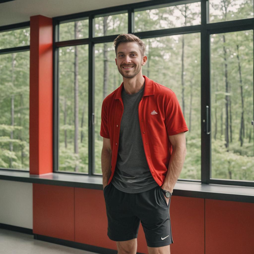 Stylish man in red shirt by large windows