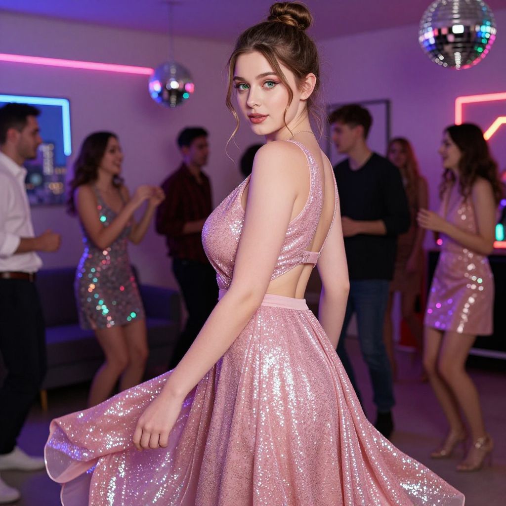 Glamorous Young Woman in Pink Sequin Dress at Neon Light Party