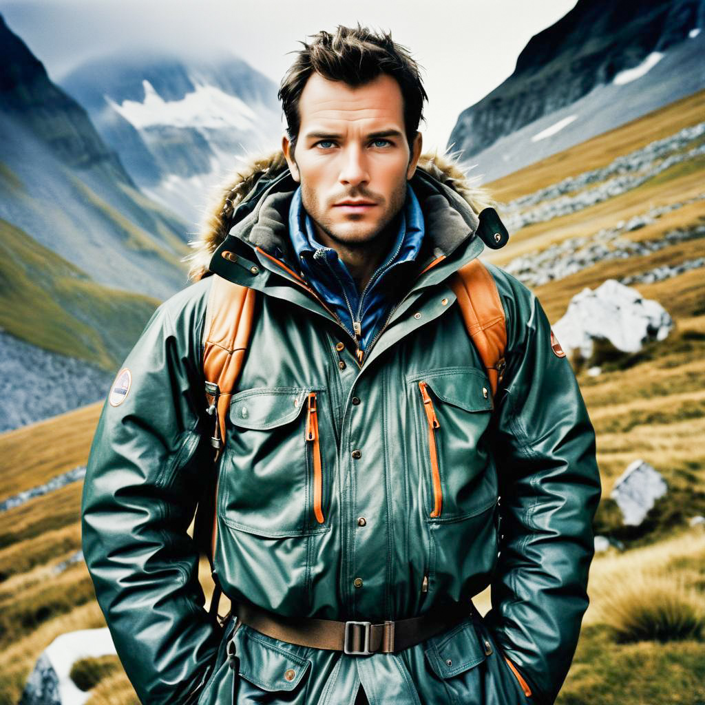 Rugged Man in Stylish Green Parka in Mountain Landscape